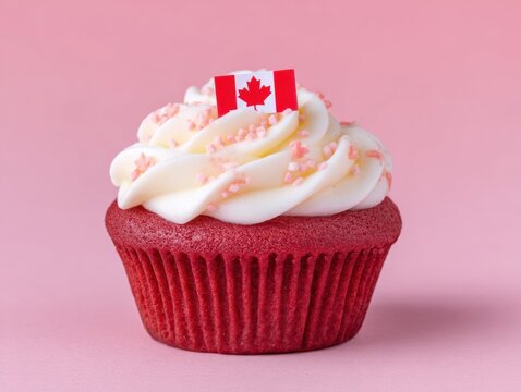 Canada day celebration cupcake with white frosting and red velvet base on pink background