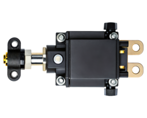 Hydraulic actuator with mounting brackets for industrial machinery on a transparent background