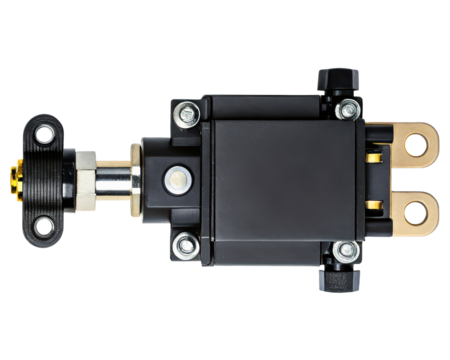 Hydraulic actuator with mounting brackets for industrial machinery on a transparent background