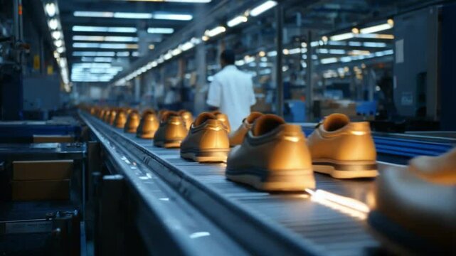 From Factory to Foot: A cinematic perspective of a manufacturing plant unveils the journey of shoes along a conveyor belt. Witness the streamlined processes, the dedication of the workforce.