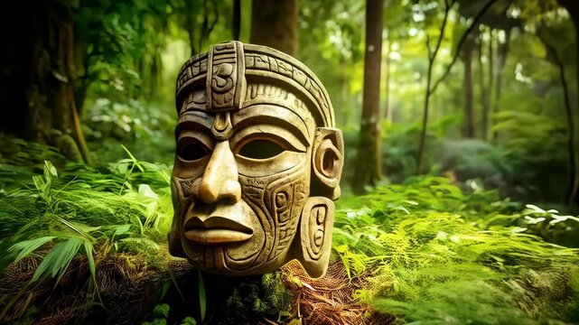Ancient carved stone mask with detailed patterns displayed in a vibrant green lush rainforest illuminated by sun rays