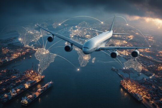 Airplane flying over illuminated world map concept