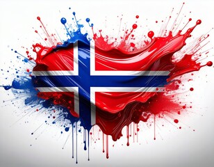 The Norwegian flag is depicted with a dynamic, splattered paint effect. The colors are vivid, giving it a dynamic and modern look, travel concept.