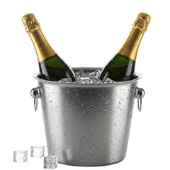 Two champagne bottles in ice bucket isolated on white background