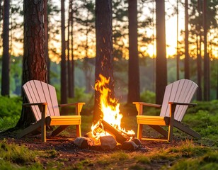 Campfire in a forest at sunset