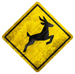Deer crossing warning sign with black silhouette and rusty texture on white background.