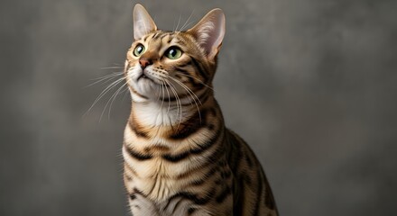 Elegant Bengal Cat Portrait: Beautiful Brown Tabby with Green Eyes Looking Up