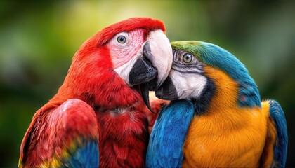Vibrant Couple Scarlet Macaw and BlueandYellow Macaw in Amazon Rainforest, Striking Colors and Majestic Beauty Displayed on Ancient Vines, Showcasing the Exotic and Lush Tropical