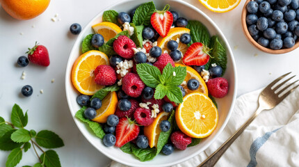 A bowl of fruit salad with blueberries, strawberries, and oranges