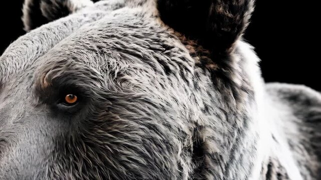 Majestic gray bear head in profile, textured fur detail, brown eyes on stark black background, wildlife animal portrait close-up