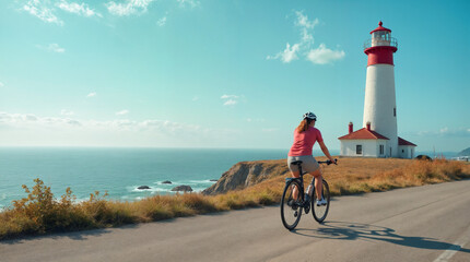 A woman is riding a bicycle on a road near a lighthouse