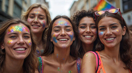 A group of women are smiling and wearing colorful face paint