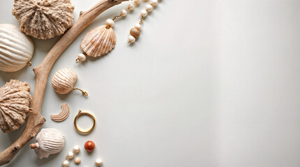 A white background with shells and a ring