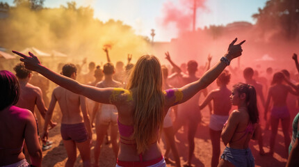 A woman with long blonde hair is standing in a crowd of people