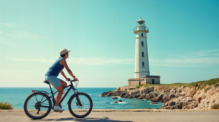 A man is riding a bicycle near a lighthouse
