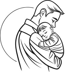 Emotional One Line Drawing of Father Holding Baby in Minimalist Monochrome Style