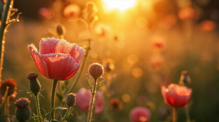 A field of pink flowers with a sun in the background