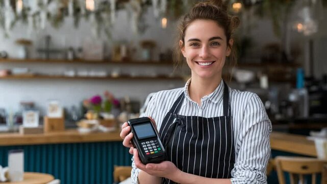 Smiling Businesswoman Holding POS Terminal: A smiling businesswoman presents a POS terminal, symbolizing smooth transaction and customer satisfaction in cafe.