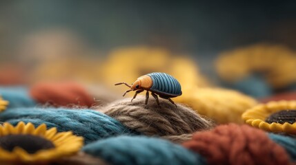 Tiny bug amidst vibrant yarn and sunflowers