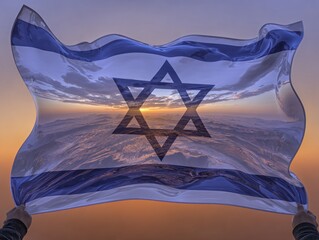 Israeli flag waving at sunrise