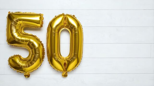 Golden foil number balloons spelling fifty, on white wooden planks, celebrating 50th anniversary.