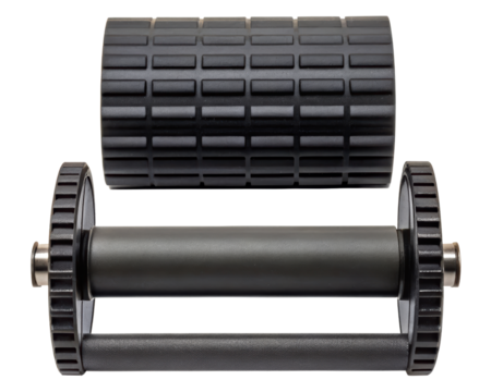 Fitness tools with textured foam roller and ab wheel for exercise on a transparent background