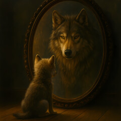 Wolf cub sits on wooden floor gazing into large ornate mirror, seeing reflection of strong alpha wolf, warm dramatic lighting, inspiring and emotional scene