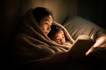 Korean Mother and Child Reading a Book Together Under a Blanket in a Dark Room Before Sleep Time