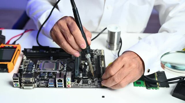 Precision closeup of soldering a circuit board. Ideal for themes on electronics repair, computer hardware, engineering