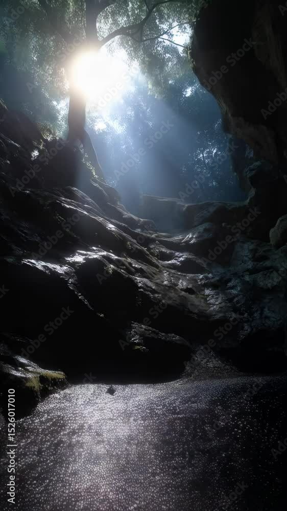Poster sunlight filters through trees illuminating a rocky ravine in a forest, creating a scene of natural 