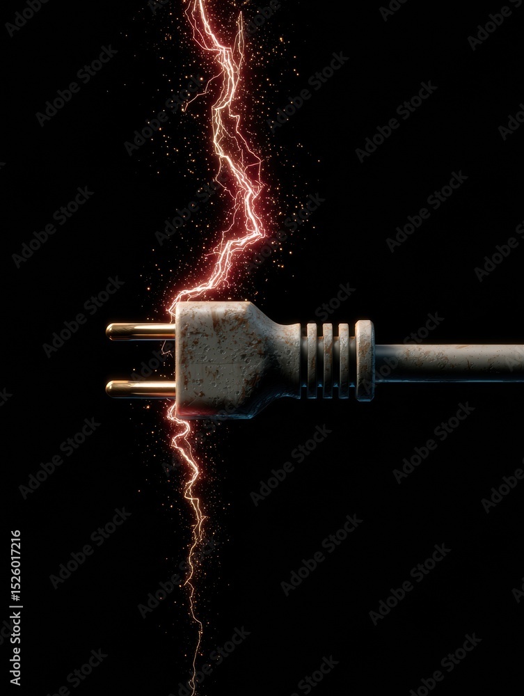 Poster disconnected electrical plug and wire with glitch spark effect emitting colorful electric energy in 