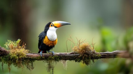 Toucan perched on branch in rainforest