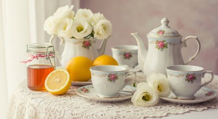 Tea Set with Flowers and Fruit on Bright Morning Table