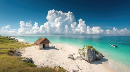 Tranquil beach hut, azure waters, sunny day