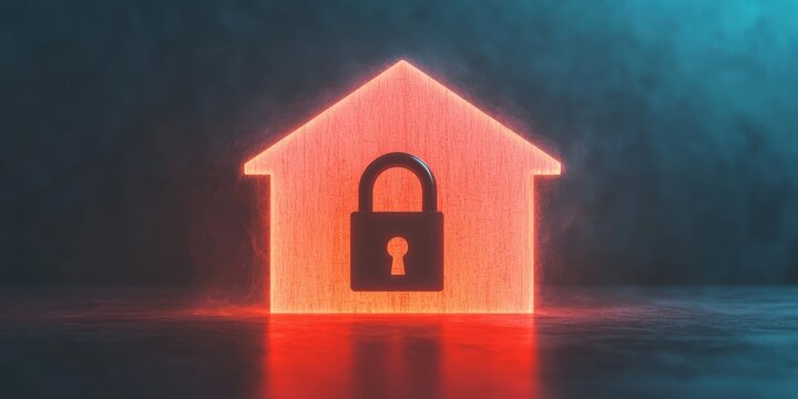 A glowing red house icon with a lock symbol in the center, representing home security or digital protection.