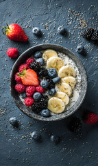 Bowl of refreshing summer smoothie with mixed berries banana and chia seeds creates vibrant appetizing scene