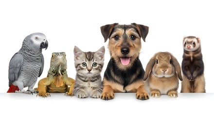 Diverse Group of Domestic Pets: Parrot, Iguana, Cat, Dog, Rabbit, and Ferret on White Background