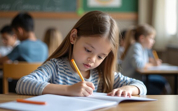 education and school concept little student girl studying at school. High quality