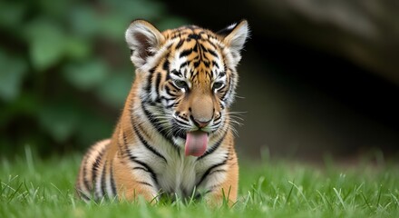 Obraz premium Adorable Tiger Cub Licking Its Face in Lush Green Grass