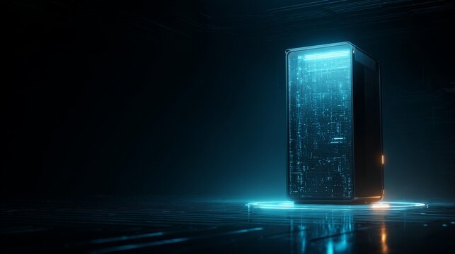 Futuristic supercomputer with glowing blue lights in a high-tech minimalist environment, showcasing advanced technology and innovation with ample copy space for design.