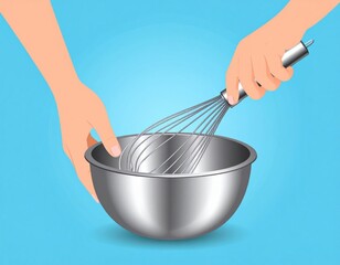 Hands Whisk Mixing Ingredients In Metal Bowl