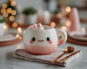 Festive kawaii mug with hot chocolate