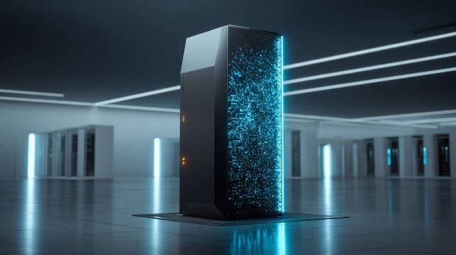 Futuristic supercomputer with glowing blue lights in a high-tech minimalist environment, showcasing advanced technology and innovation with ample copy space for design.
