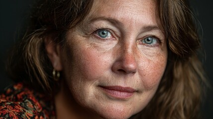 Portrait of a calm 45-year-old woman with blue eyes and brown hair, slightly chubby face looking straight into the camera with serene expression, realistic style with natural lighting and clear focus.