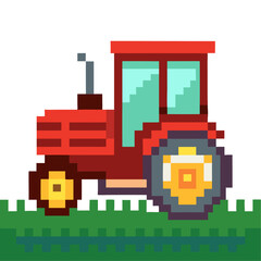 Naklejka premium Pixel art tractor on green grass in bright colours