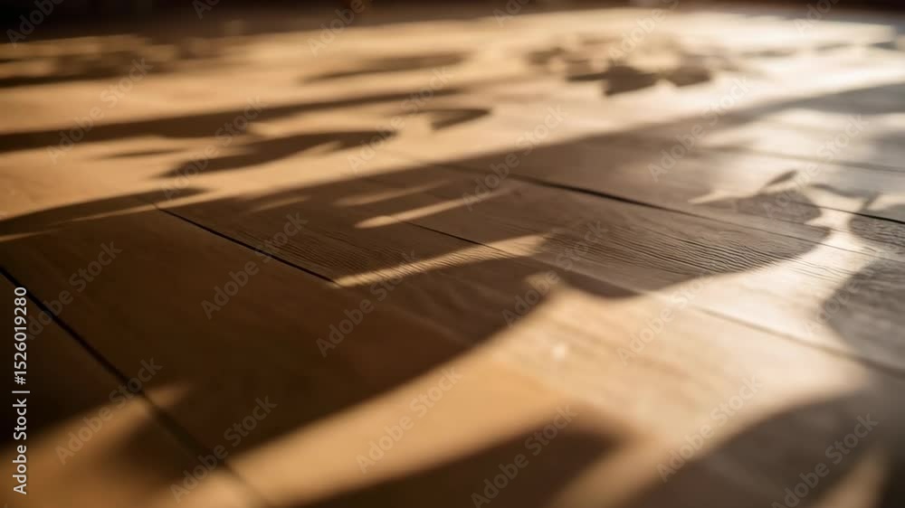 Poster botanical shadows cast on wooden floor planks creating a warm, inviting atmosphere with sunlight str