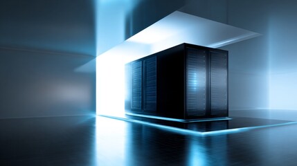 Futuristic supercomputer with glowing blue lights in a high-tech minimalist environment, showcasing advanced technology and innovation with ample copy space for design.