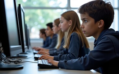 Line Of High School Students Working at Screens In Computer Class. High quality
