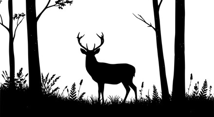 black and white silhouette of a deer in the woods, forest on background