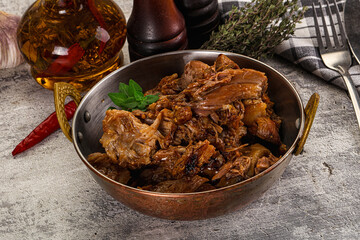 Shredded slow cooked pork meat
